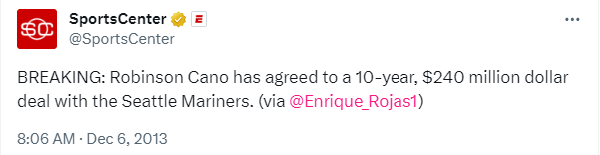 BREAKING: Robinson Cano has agreed to a 10-year, $240 million dollar deal with the Seattle Mariners. (via @Enrique_Rojas1)